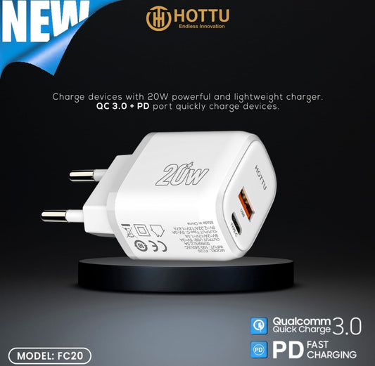 HOTTU- With type C Port 20 Watt Fast Charger for Mobile Phone - USB Adapter - Mobile Charger Fast 20W - Fast Charging Adapter BOX PACK